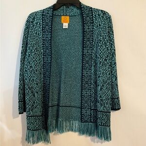 Ruby Rd. petite Sweater PL Cardigan  Teal Navy Patterned Open Front Fringe Hem